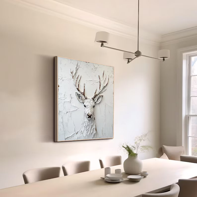 Abstract Deer Wall Art – Textured White Stag Sculpture Painting#yy260623036