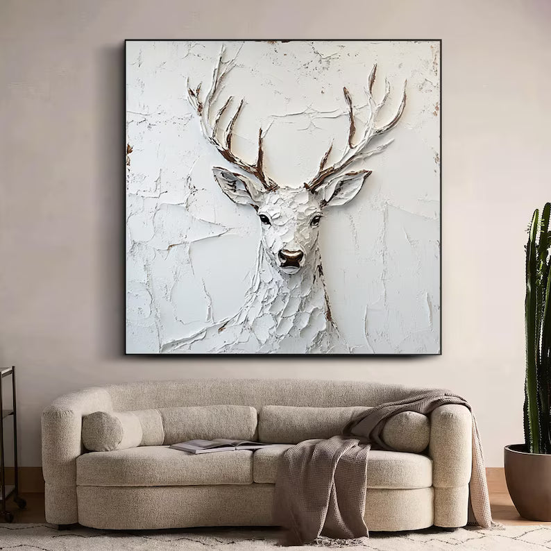 Abstract Deer Wall Art – Textured White Stag Sculpture Painting#yy260623036