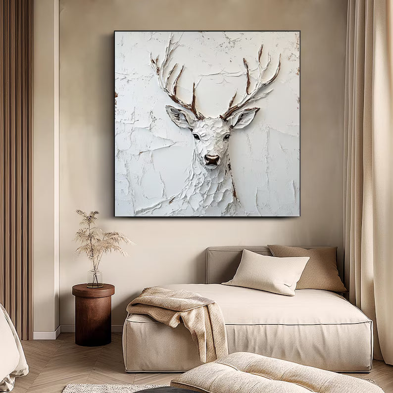 Abstract Deer Wall Art – Textured White Stag Sculpture Painting#yy260623036