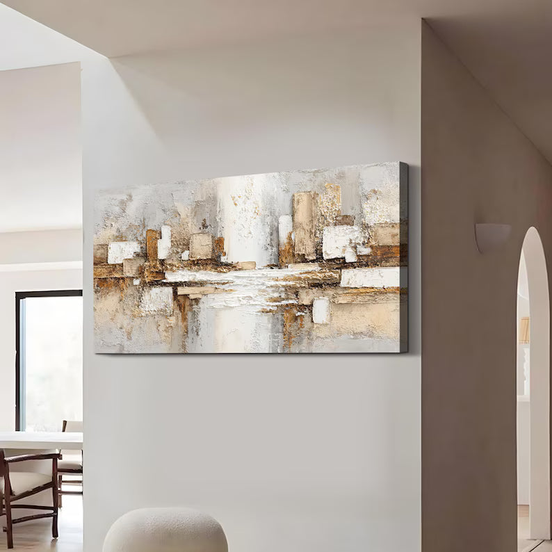 Abstract Architectural Wall Art – Beige Gold Textured Relief Painting#yy260623038