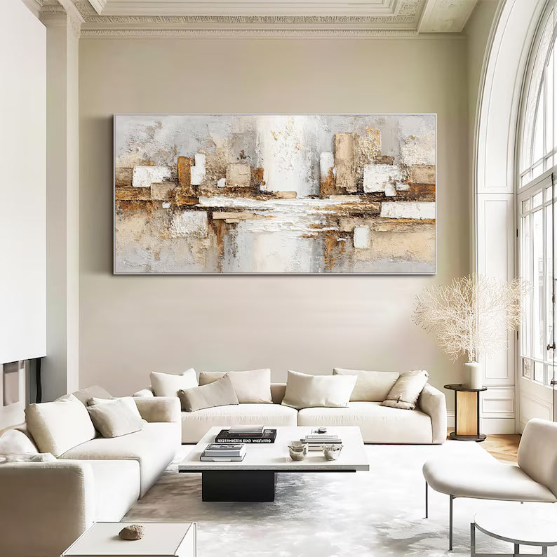 Abstract Architectural Wall Art – Beige Gold Textured Relief Painting#yy260623038