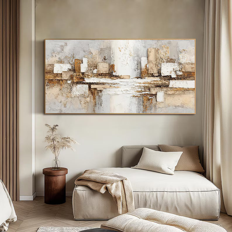 Abstract Architectural Wall Art – Beige Gold Textured Relief Painting#yy260623038