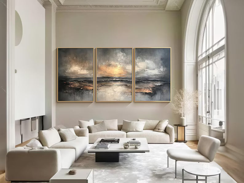 Abstract Ocean Wall Art Set of 3 – Sunset Horizon Triptych Painting#yy260623041