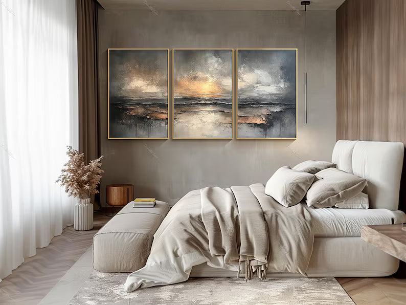 Abstract Ocean Wall Art Set of 3 – Sunset Horizon Triptych Painting#yy260623041