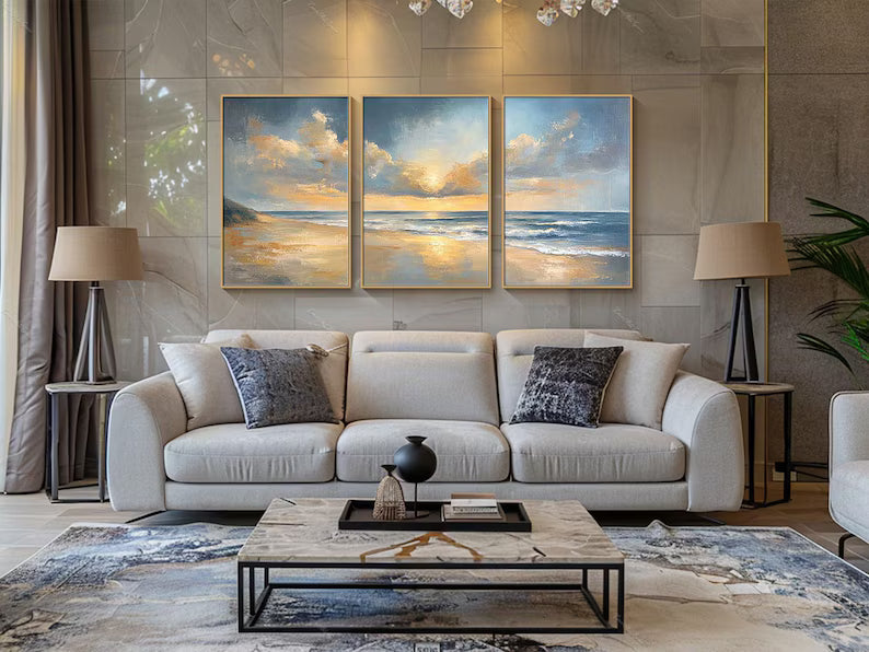 Ocean Sunrise Wall Art Set of 3 – Coastal Seascape Triptych Painting#yy260623042