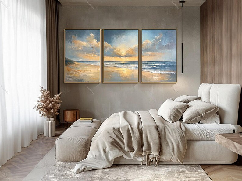 Ocean Sunrise Wall Art Set of 3 – Coastal Seascape Triptych Painting#yy260623042