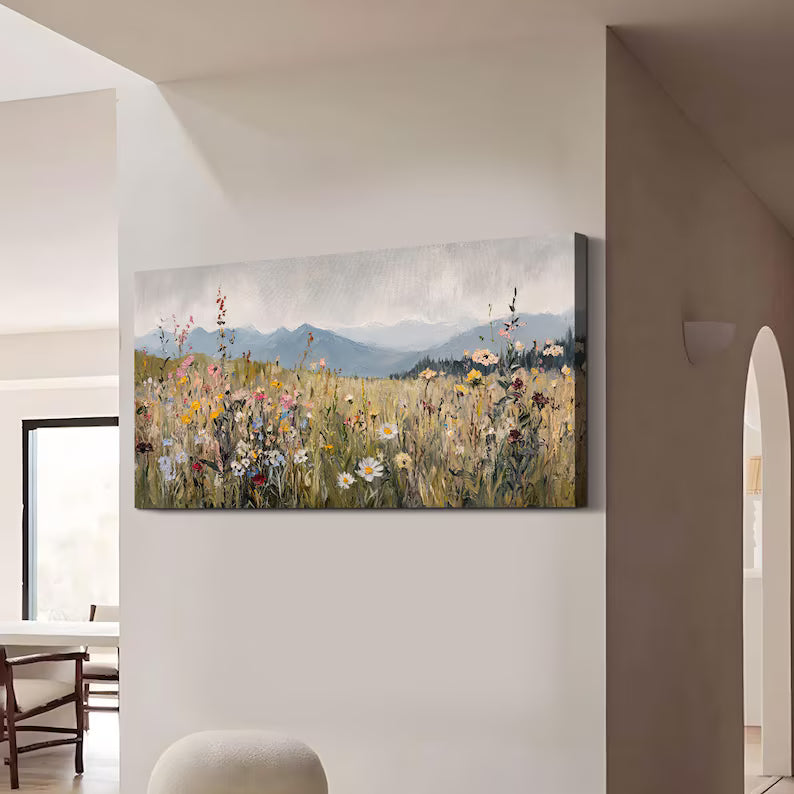 Wildflower Meadow Wall Art – Mountain Landscape Painting#yy260623043