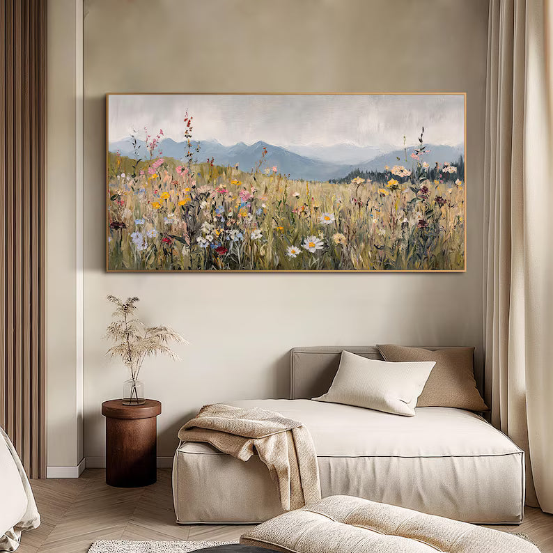 Wildflower Meadow Wall Art – Mountain Landscape Painting#yy260623043