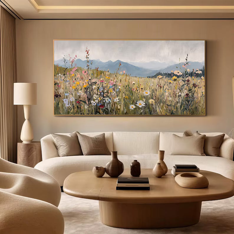 Wildflower Meadow Wall Art – Mountain Landscape Painting#yy260623043