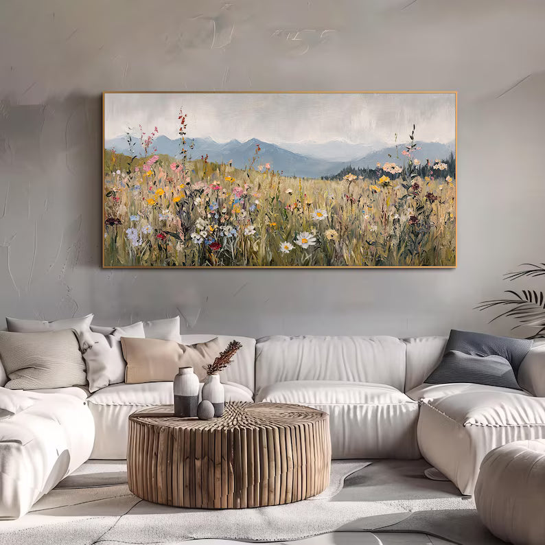 Wildflower Meadow Wall Art – Mountain Landscape Painting#yy260623043