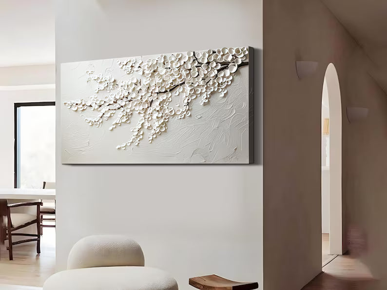 Abstract White Wall Art – Minimal Floral Relief Painting#yy260623044