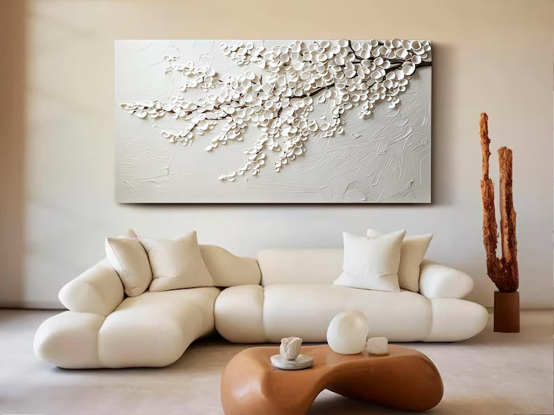 Abstract White Wall Art – Minimal Floral Relief Painting#yy260623044