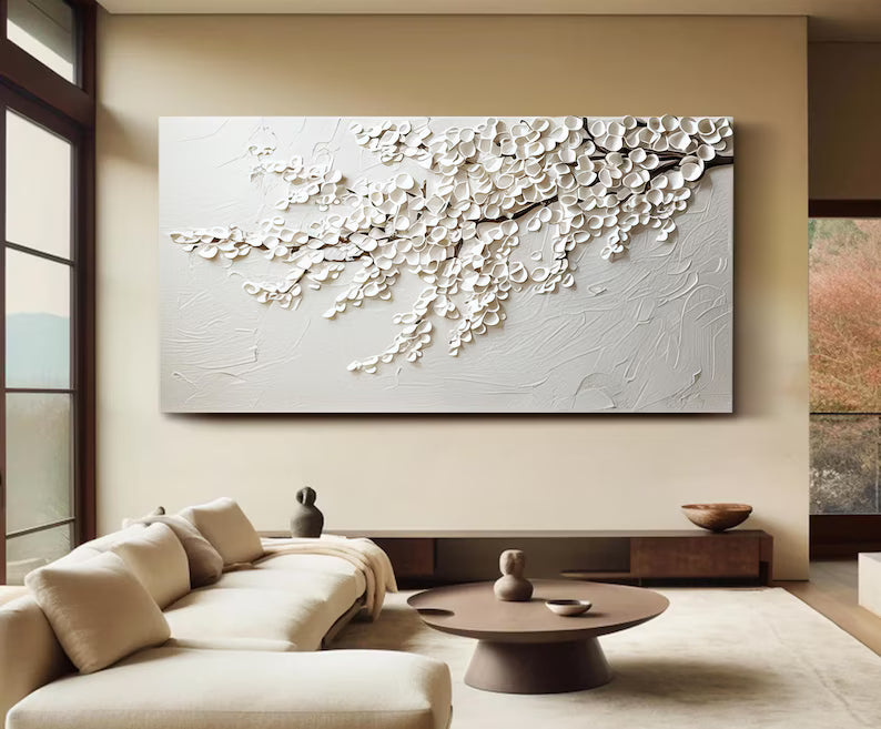 Abstract White Wall Art – Minimal Floral Relief Painting#yy260623044