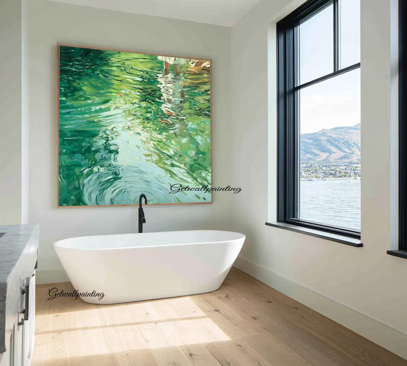 Abstract Water Reflection Wall Art – Green Fluid Landscape Painting#yy260623060