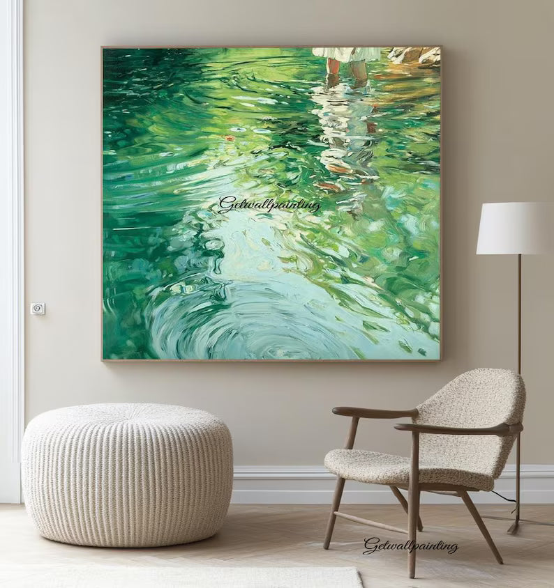 Abstract Water Reflection Wall Art – Green Fluid Landscape Painting#yy260623060