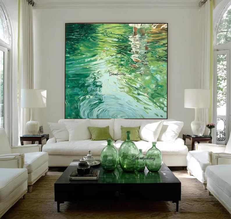 Abstract Water Reflection Wall Art – Green Fluid Landscape Painting#yy260623060