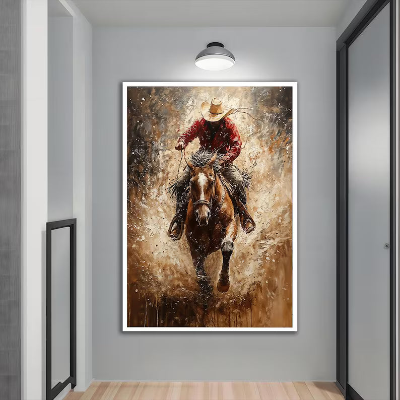 Cowboy Horse Wall Art – Dynamic Western Rider Painting#yy260623065