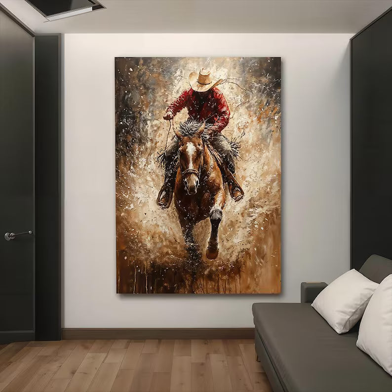 Cowboy Horse Wall Art – Dynamic Western Rider Painting#yy260623065