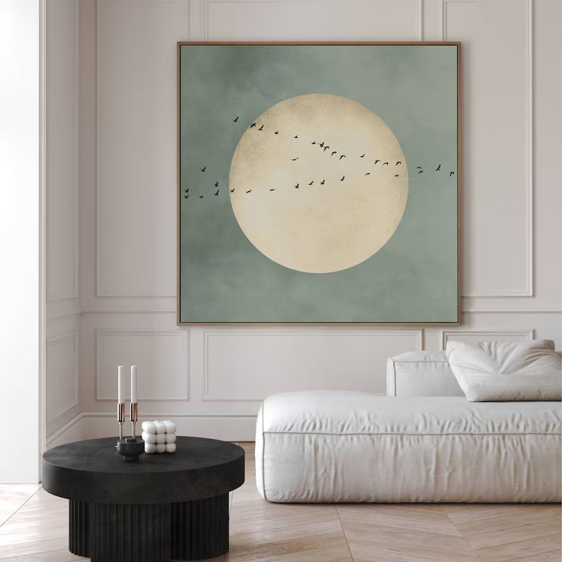 Minimal Moon Wall Art – Abstract Birds Flying Painting#yy260623076