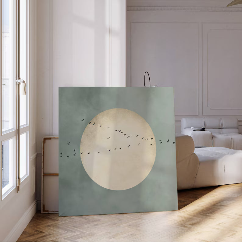 Minimal Moon Wall Art – Abstract Birds Flying Painting#yy260623076