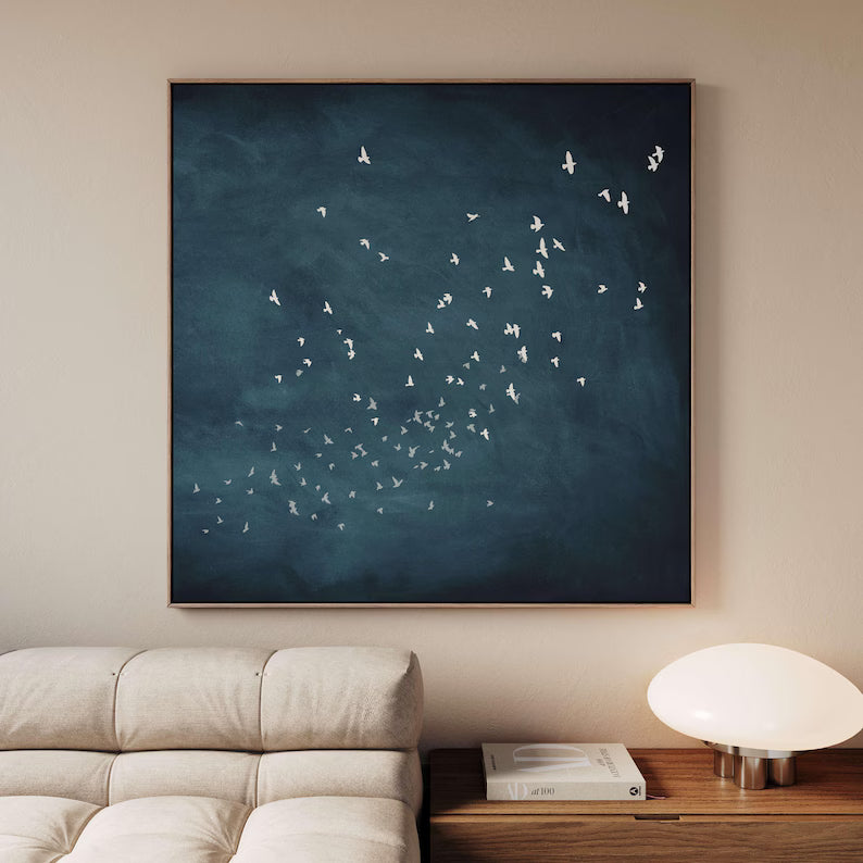 Minimal Birds Wall Art – Abstract Flock in Blue Sky Painting#yy260623077