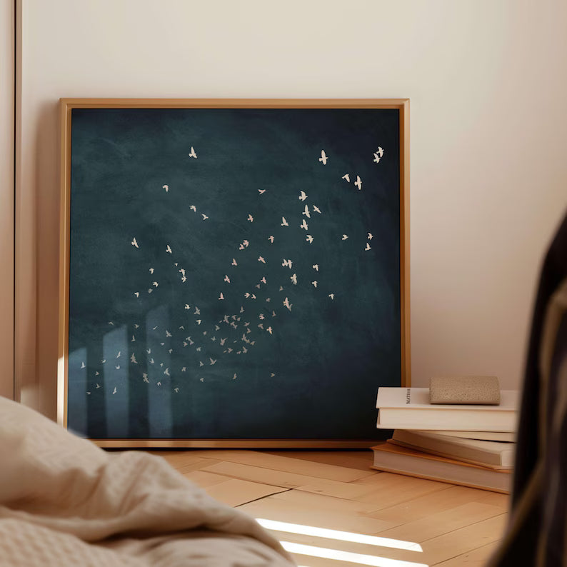 Minimal Birds Wall Art – Abstract Flock in Blue Sky Painting#yy260623077