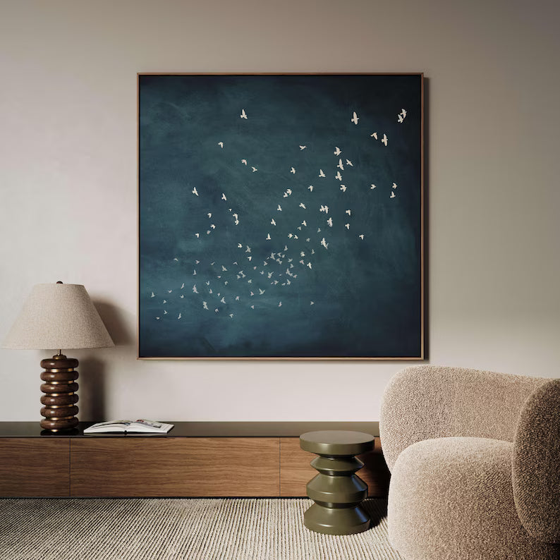 Minimal Birds Wall Art – Abstract Flock in Blue Sky Painting#yy260623077