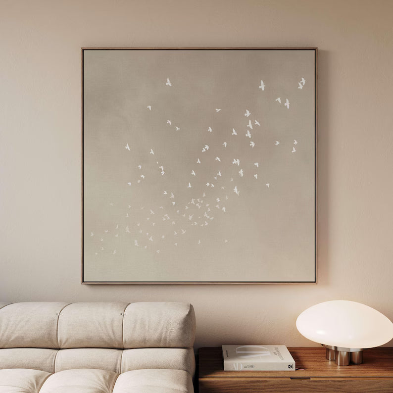 Minimal Bird Wall Art – Neutral Beige Abstract Flying Birds Painting#yy260623079