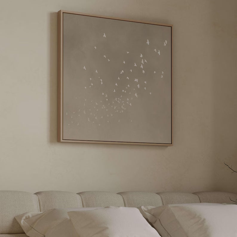 Minimal Bird Wall Art – Neutral Beige Abstract Flying Birds Painting#yy260623079