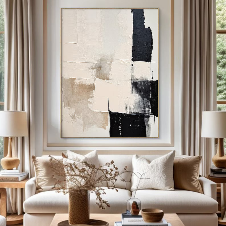 Minimal Abstract Black Beige Textured Oil Painting Wall Art – Modern Neutral Canvas Artwork#yy260623082