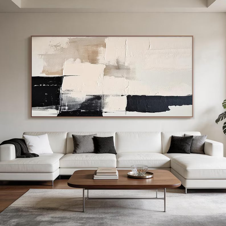 Minimal Abstract Black Beige Textured Oil Painting Wall Art – Modern Neutral Canvas Artwork#yy260623082