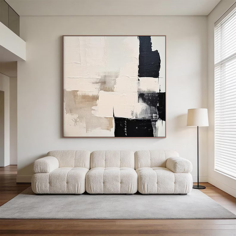 Minimal Abstract Black Beige Textured Oil Painting Wall Art – Modern Neutral Canvas Artwork#yy260623082