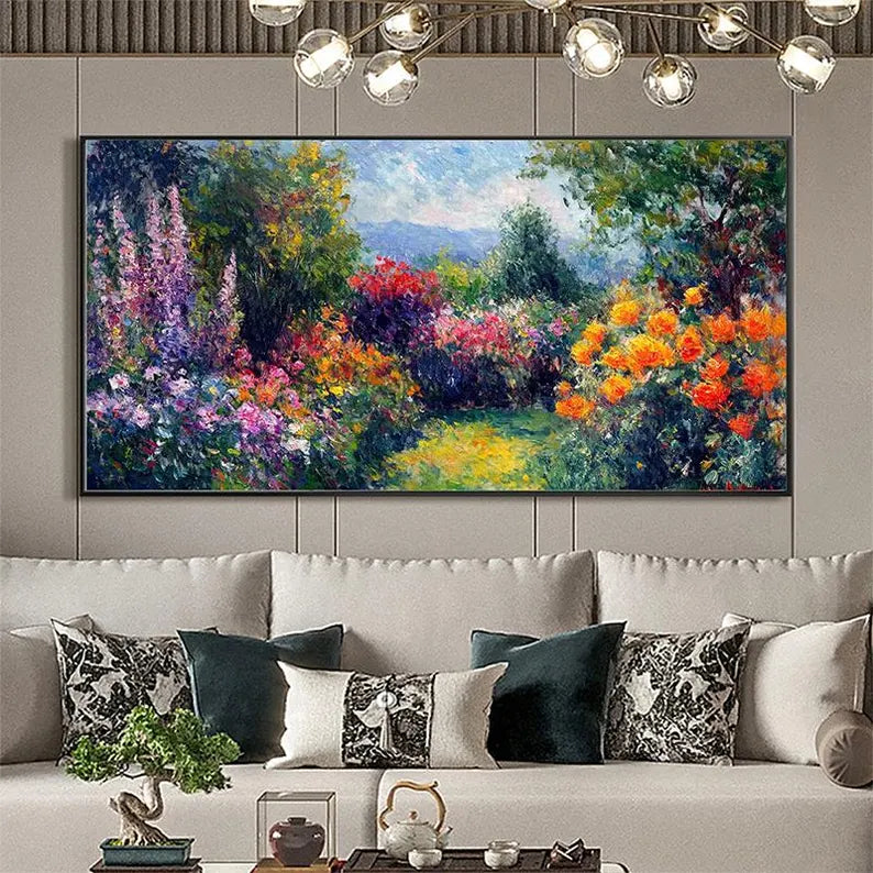 Impressionist Garden Landscape Oil Painting Wall Art – Colorful Floral Path Canvas Artwork#yy260623085