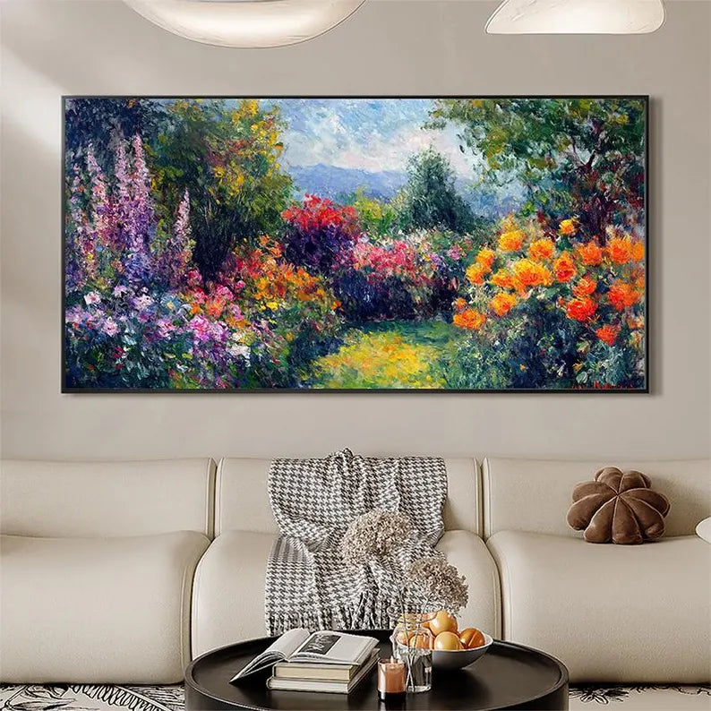 Impressionist Garden Landscape Oil Painting Wall Art – Colorful Floral Path Canvas Artwork#yy260623085