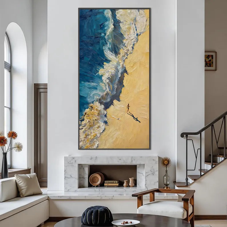 Abstract Coastal Wave Oil Painting Wall Art – Beach Shore Textured Canvas Artwork#yy260623088