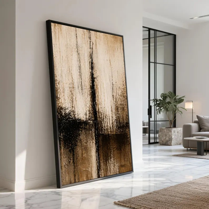Black Beige Abstract Painting – Minimalist Textured Wall Art#yy710029