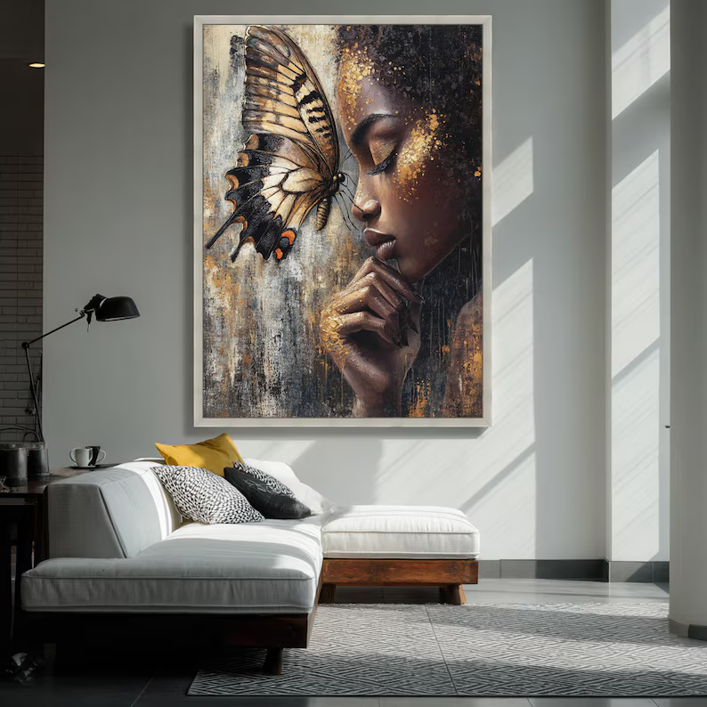 Butterfly Woman Portrait Painting – Luxury Gold Canvas Wall Art#yy710016