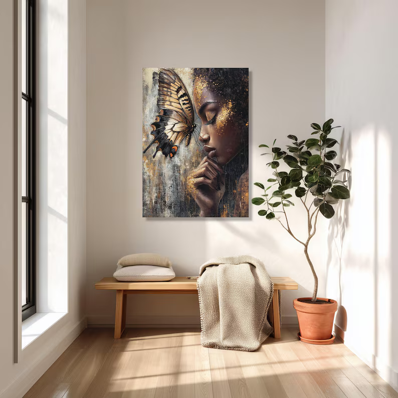 Butterfly Woman Portrait Painting – Luxury Gold Canvas Wall Art#yy710016