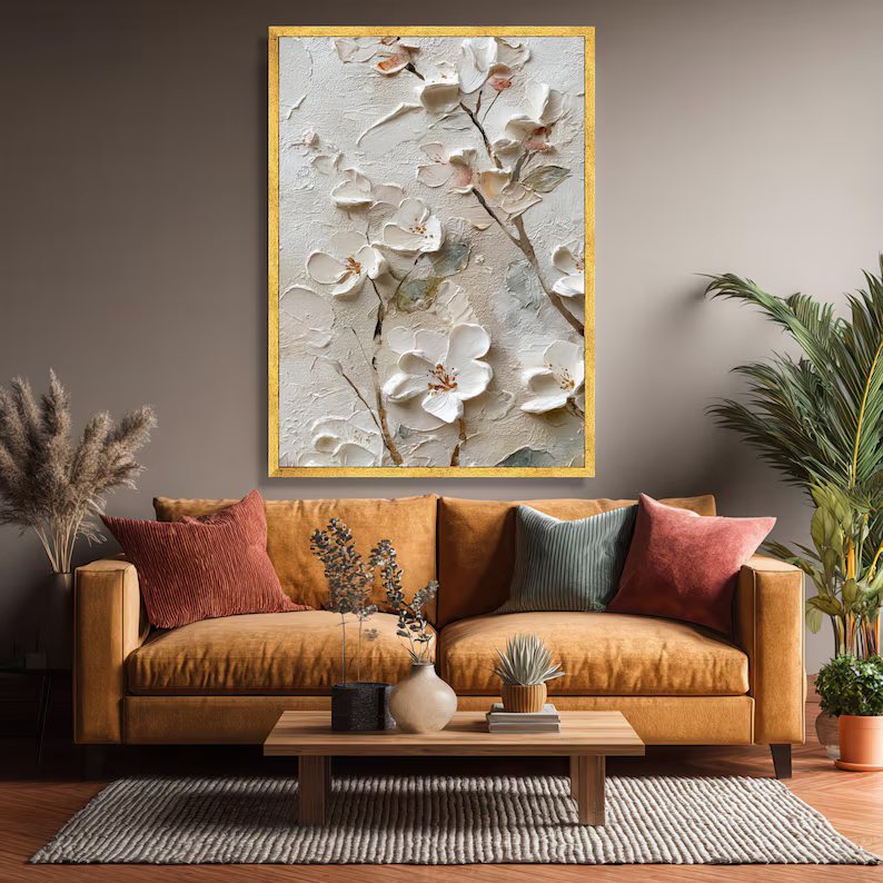 White Textured Floral Painting – 3D Flower Canvas Wall Art#yy710032