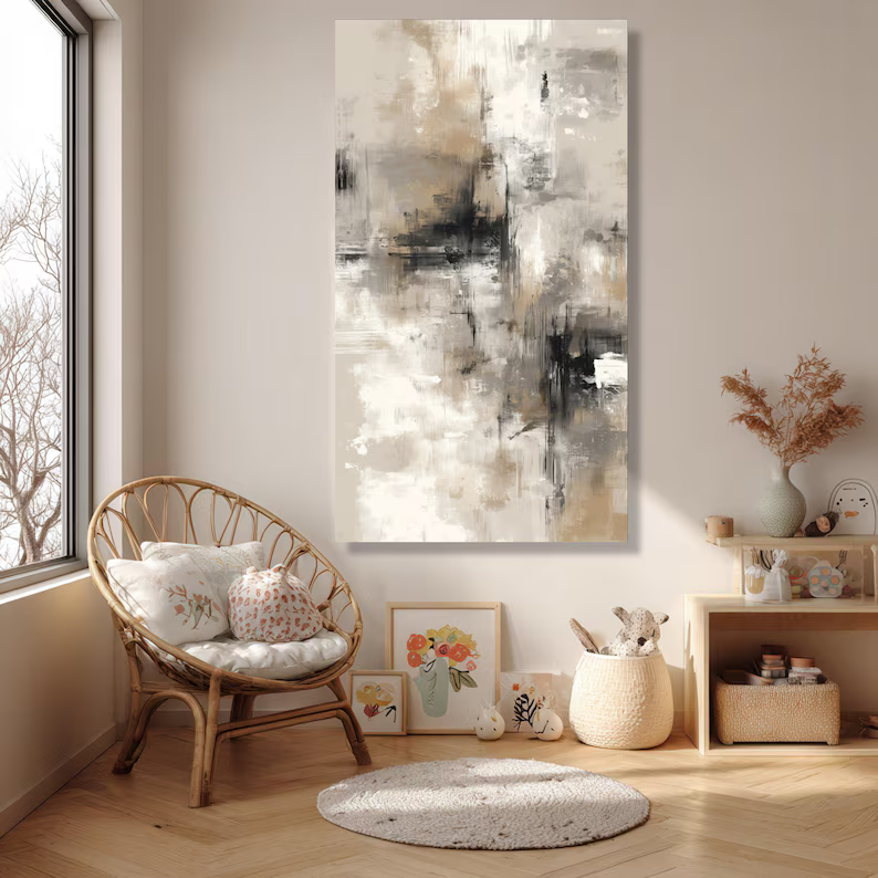 Neutral Vertical Abstract Painting – Modern Textured Wall Art#yy710033