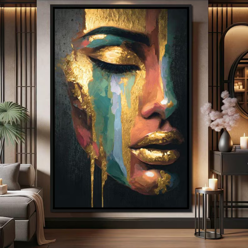 Abstract Female Portrait Painting – Luxury Gold Canvas Wall Art#yy710014