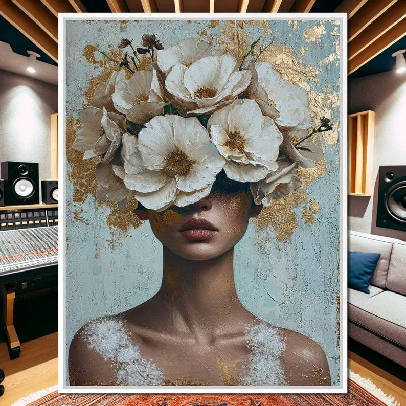 Floral Woman Portrait Painting – Luxury Botanical Canvas Wall Art#yy710015