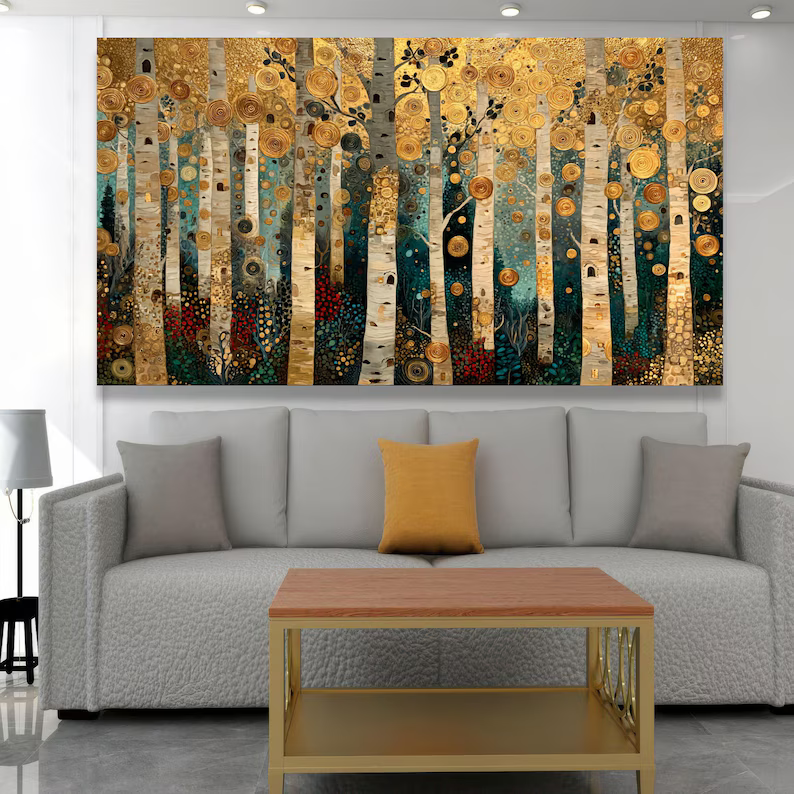 Golden Birch Forest Painting – Luxury Nature Canvas Wall Art#yy710018