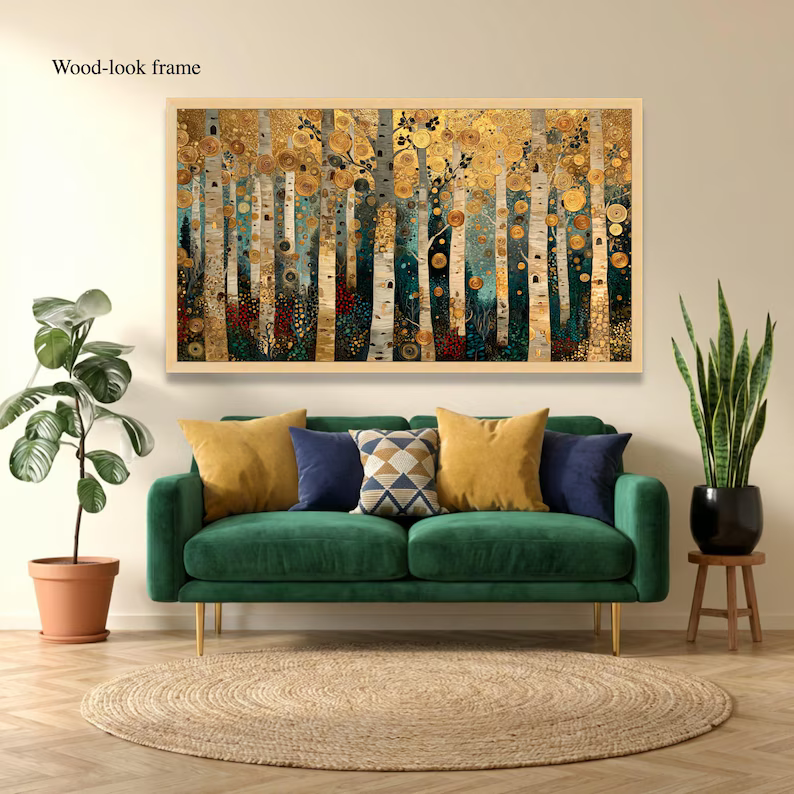 Golden Birch Forest Painting – Luxury Nature Canvas Wall Art#yy710018