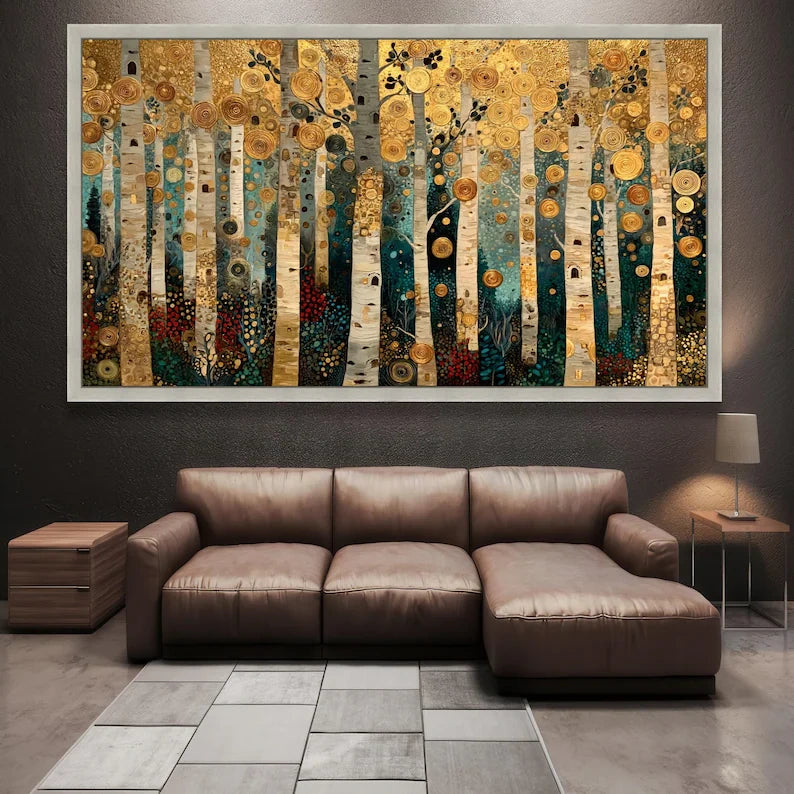Golden Birch Forest Painting – Luxury Nature Canvas Wall Art#yy710018