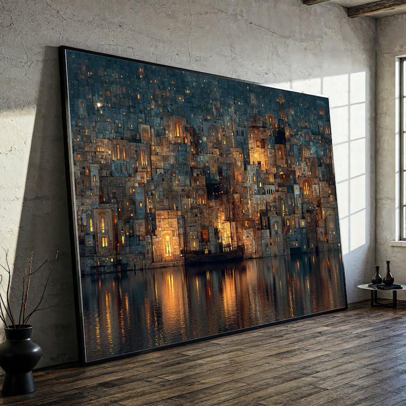 Night Cityscape Painting – Modern Urban Landscape Canvas Wall Art#yy710020