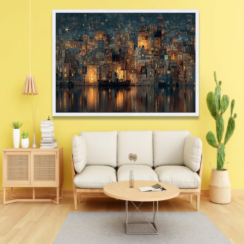 Night Cityscape Painting – Modern Urban Landscape Canvas Wall Art#yy710020