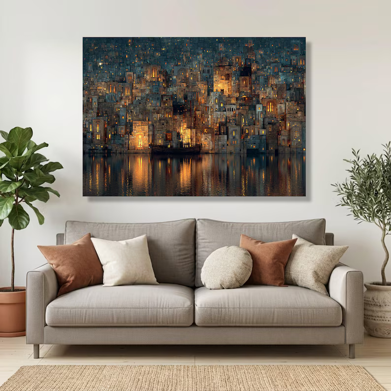Night Cityscape Painting – Modern Urban Landscape Canvas Wall Art#yy710020