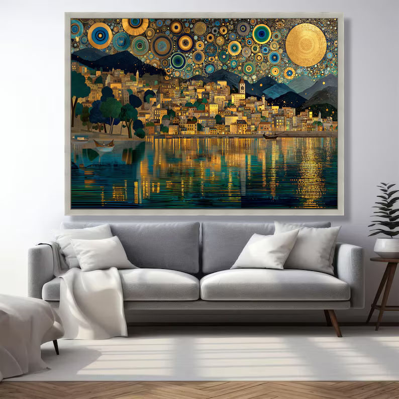 Golden Lake Village Painting – Luxury Landscape Canvas Wall Art#yy710022