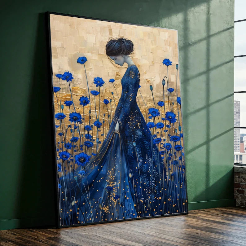 Blue Floral Woman Painting – Luxury Botanical Portrait Wall Art#yy710036